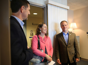 Jeff Dalrymple, right, was named the new president of Crossings Ministries last week. He and his wife, Kristil, tour the Kentucky Baptist Building with KBC Executive Director Paul Chitwood. (KBC photo)